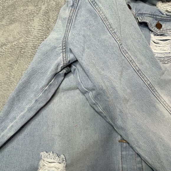 Daisy Blue Distressed Long Denim Jacket Women’s Size 3X Frayed Hem Pockets - Picture 6 of 11